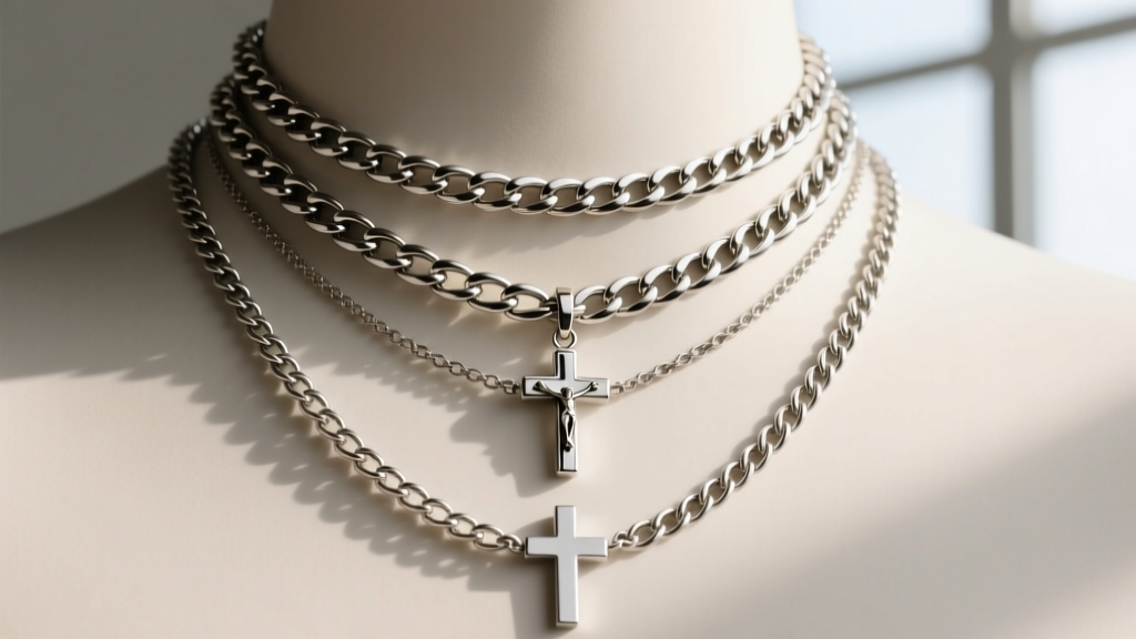 Layered necklaces showing a 20-inch steel figaro chain with a crucifix and a 24-inch rope chain with a plain silver cross pendant
