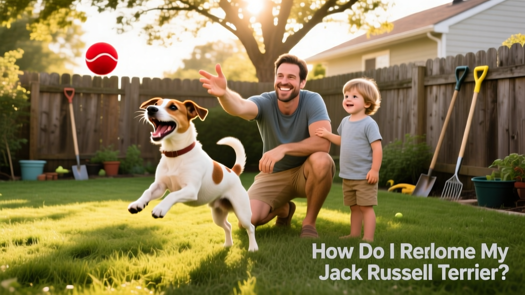 A happy Jack Russell Terrier playing fetch in a fenced backyard with a smiling adult and child nearby