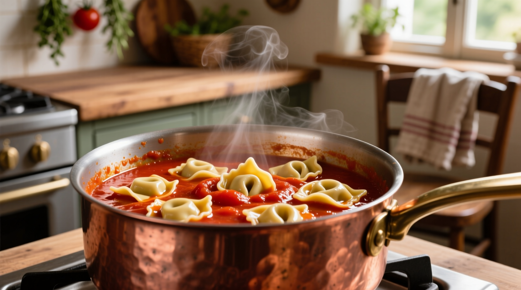 Fresh tomato sauce simmering in copper pot with tortellini