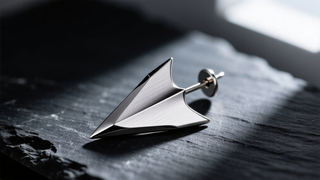 Macro photography of a brushed titanium arrowhead earring resting on dark slate, highlighting sharp geometric edges and the post