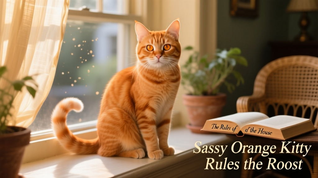 Close-up of an expressive orange tabby cat with intense gaze and slightly flattened ears, sitting upright on a windowsill