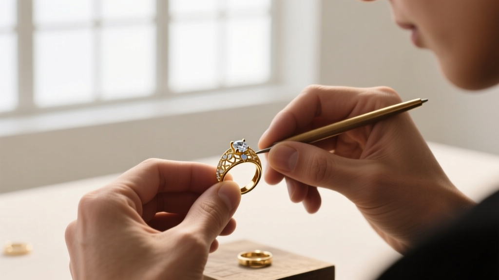 Jeweler's hands using precision pliers to attach a 2-inch gold chain extender to a 16-inch necklace clasp on a black velvet pad