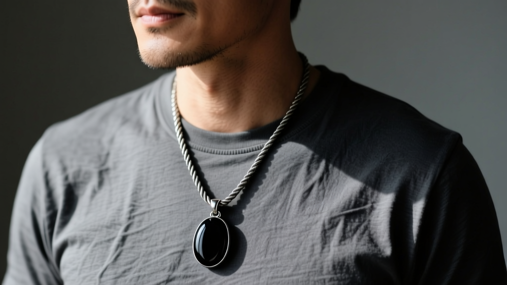 Close-up of a man wearing a matte black onyx gemstone pendant on a 3mm oxidized silver rope chain against a charcoal t-shirt.