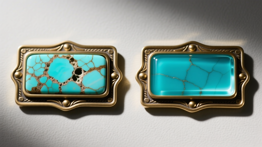 Side-by-side macro shot of natural porous turquoise and stabilized epoxy-resin turquoise inlays set in brass western nameplates.