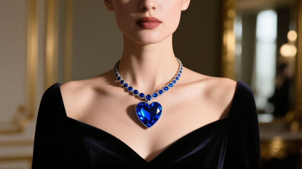 Woman in a dark evening gown wearing a large blue heart necklace, photographed from the collarbone up in soft cinematic lighting