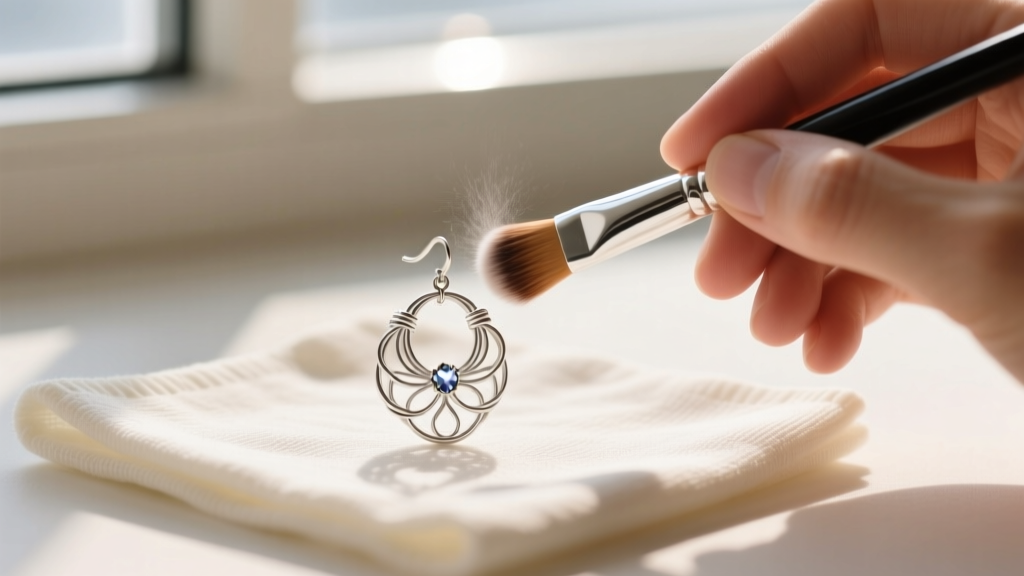 Hands gently dusting a silver wire wrap earring with a soft makeup brush on a microfiber cloth, demonstrating careful maintenance.