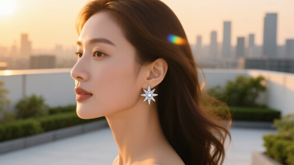 Woman with an oval face wearing 15mm diamond starburst drop earrings, photographed in profile with natural golden hour sunlight.