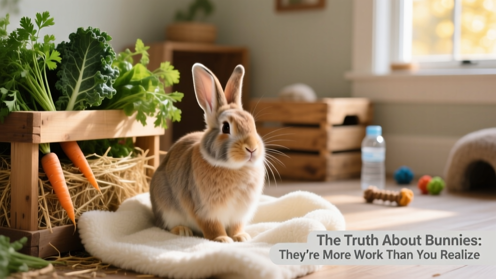 A calm, well-groomed rabbit sitting peacefully on a soft fleece blanket beside a hay rack and fresh greens
