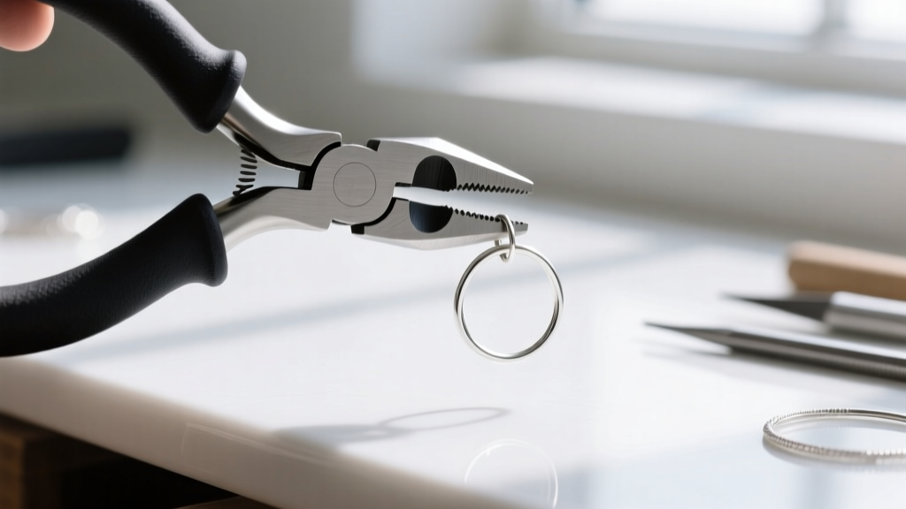 Close-up of nylon-jaw flat-nose pliers gently gripping a tiny 20-gauge sterling silver jump ring on a brightly lit workbench