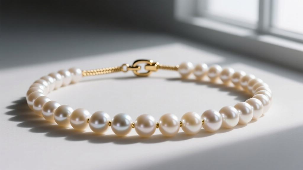 Close-up of a pearl necklace strung on silk thread with a gold French wire gimp guard protecting the clasp connection point.