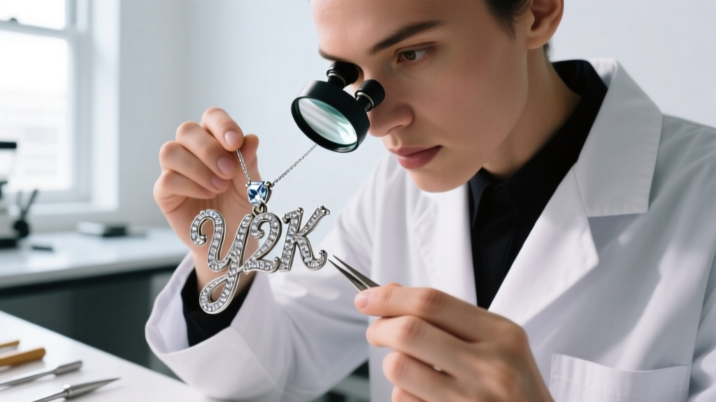 Jeweler using a loupe to inspect the epoxy backing and prong tension on a rhinestone-encrusted Y2K style cursive script pendant