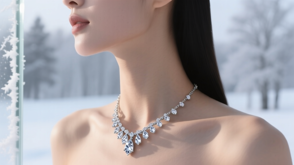 Woman wearing a delicate platinum ice crystal pendant necklace, photographed from the collarbone up in soft cool winter lighting.