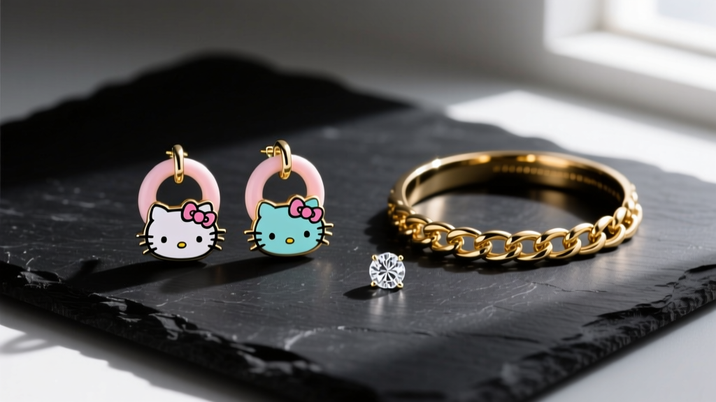 Flat lay of a curated ear board featuring Pusheen huggie hoops, a tiny diamond solitaire, and a gold chain cuff on dark slate.