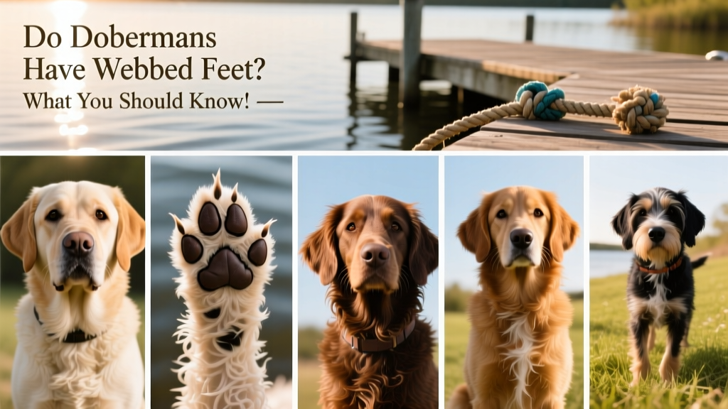 Collage showing paws of five water-adapted breeds, each highlighting visible webbing between toes