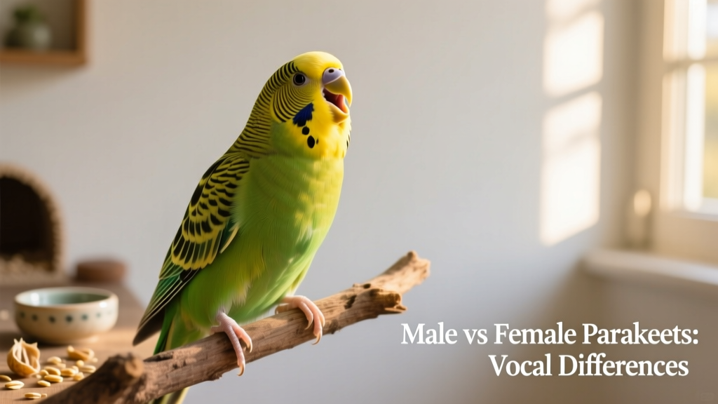 Male budgie singing on a perch with head tilted, beak open