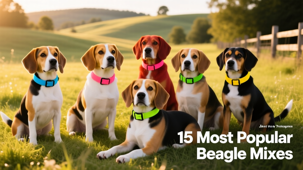 A diverse group of healthy Beagle mixes sitting calmly on grass, wearing colorful collars