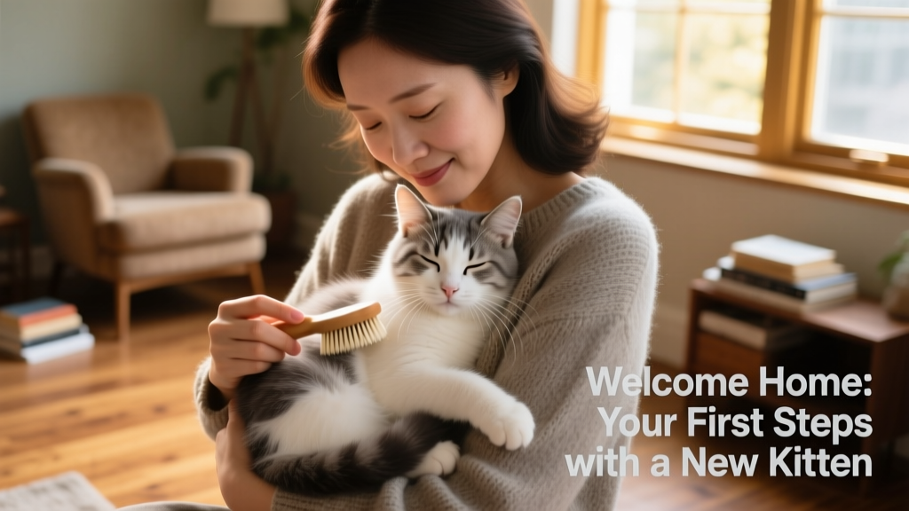 A person gently holding a kitten while softly brushing her fur with a soft-bristle brush
