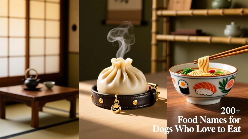 A collage of Asian-inspired dog accessories: a chew toy shaped like a dumpling, a collar with chopstick charms, and a bowl decorated with ramen and sushi motifs