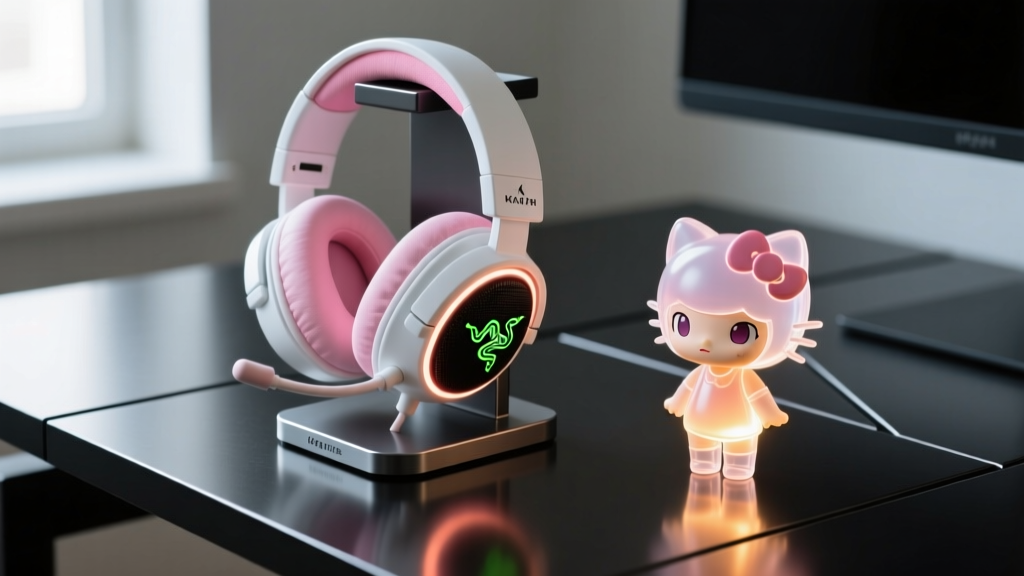 Close-up of Razer Kraken Kitty V2 Pro headset on a magnetic stand next to a glowing Nendoroid figure on a sleek metal desk.