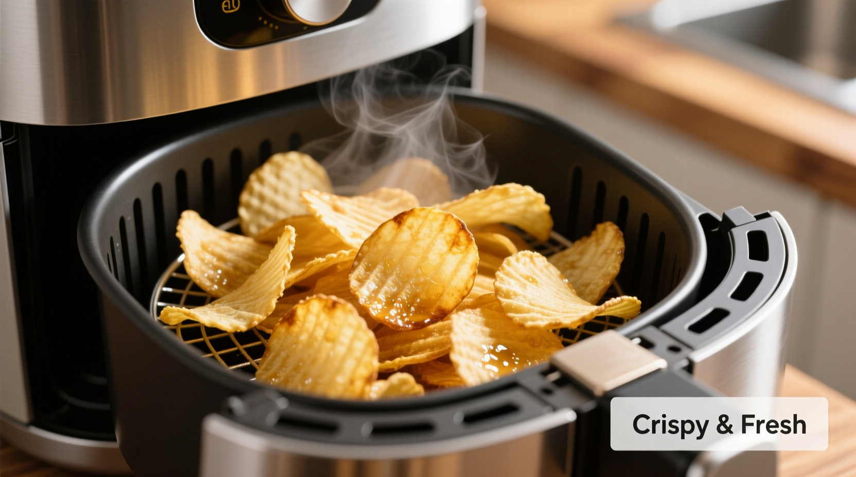 Golden crispy potato chips in air fryer basket