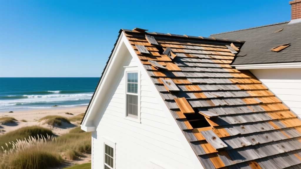 Coastal cedar shake roof installation on a historic Cape Cod style home in Barnstable Massachusetts with ocean views