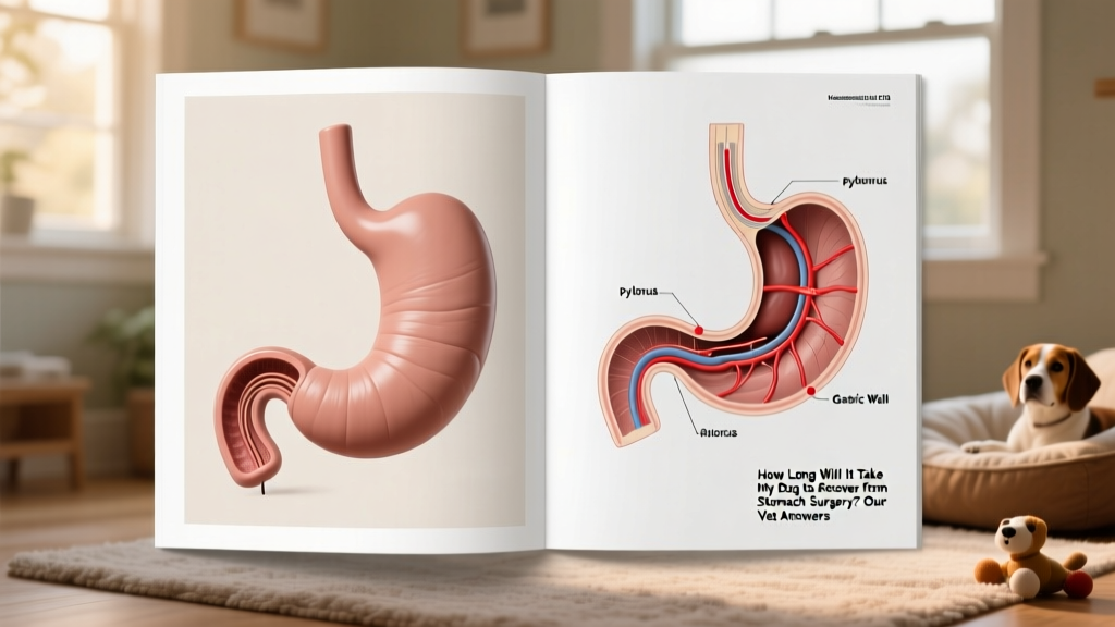 Side-by-side illustration showing healthy canine stomach anatomy versus common surgical areas like pylorus or gastric wall