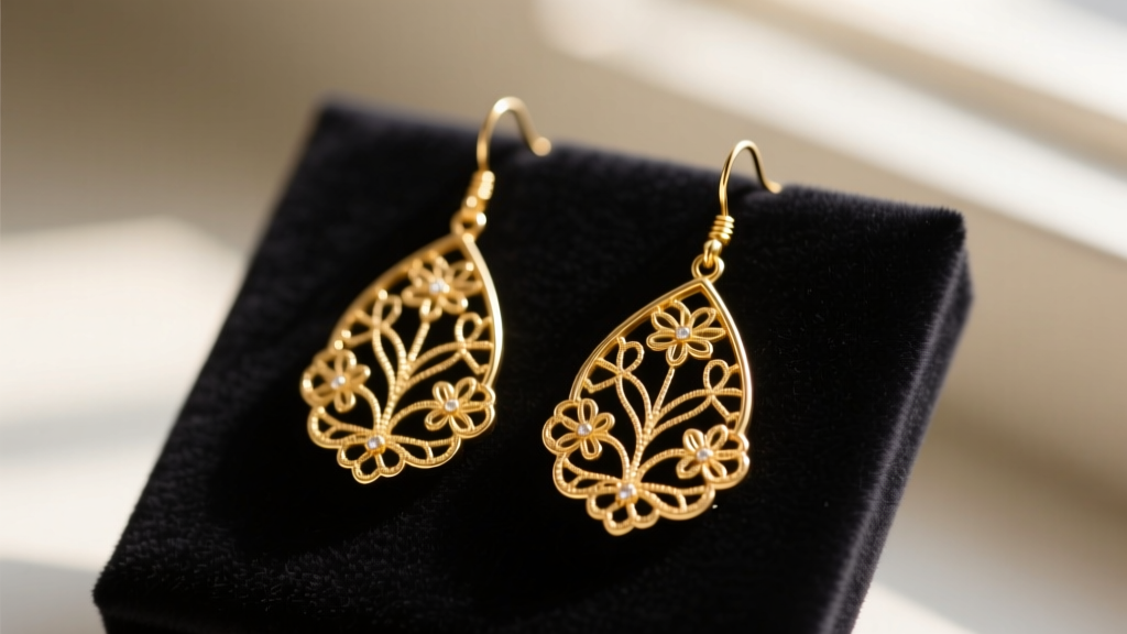 Macro shot of 14k gold-filled metal filigree teardrop earrings mimicking vintage floral lace patterns on a dark velvet display pad