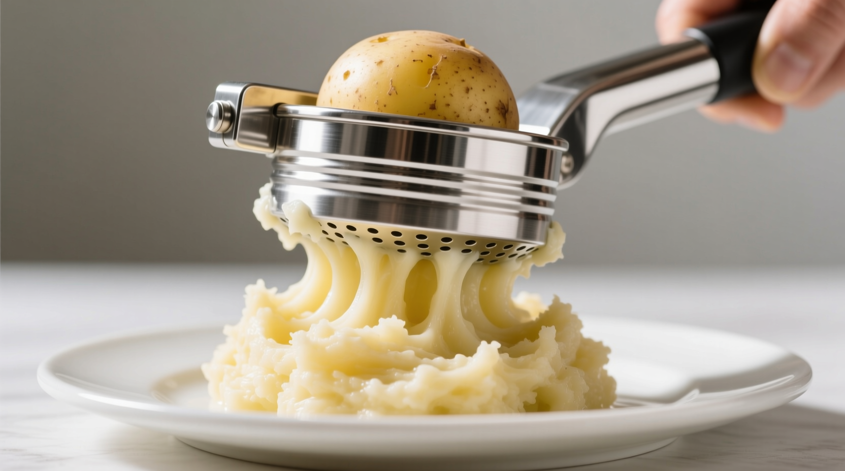 Stainless steel potato ricer pressing potatoes