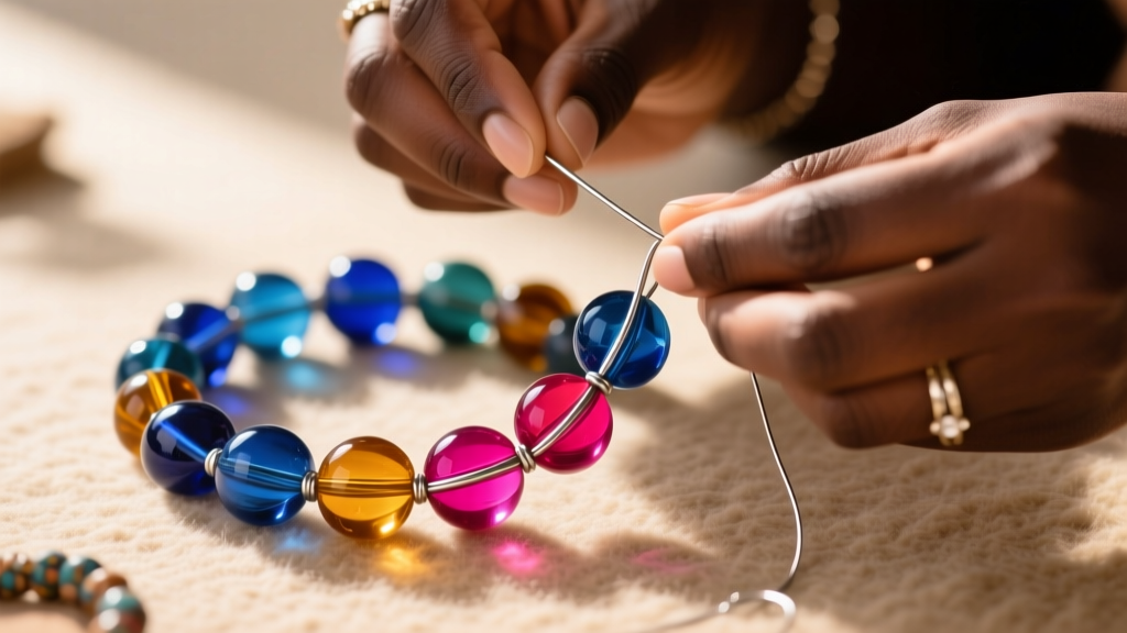 Hands threading 0.024-inch stainless steel beading wire through large, colorful Krobo powder glass trade beads on felt.