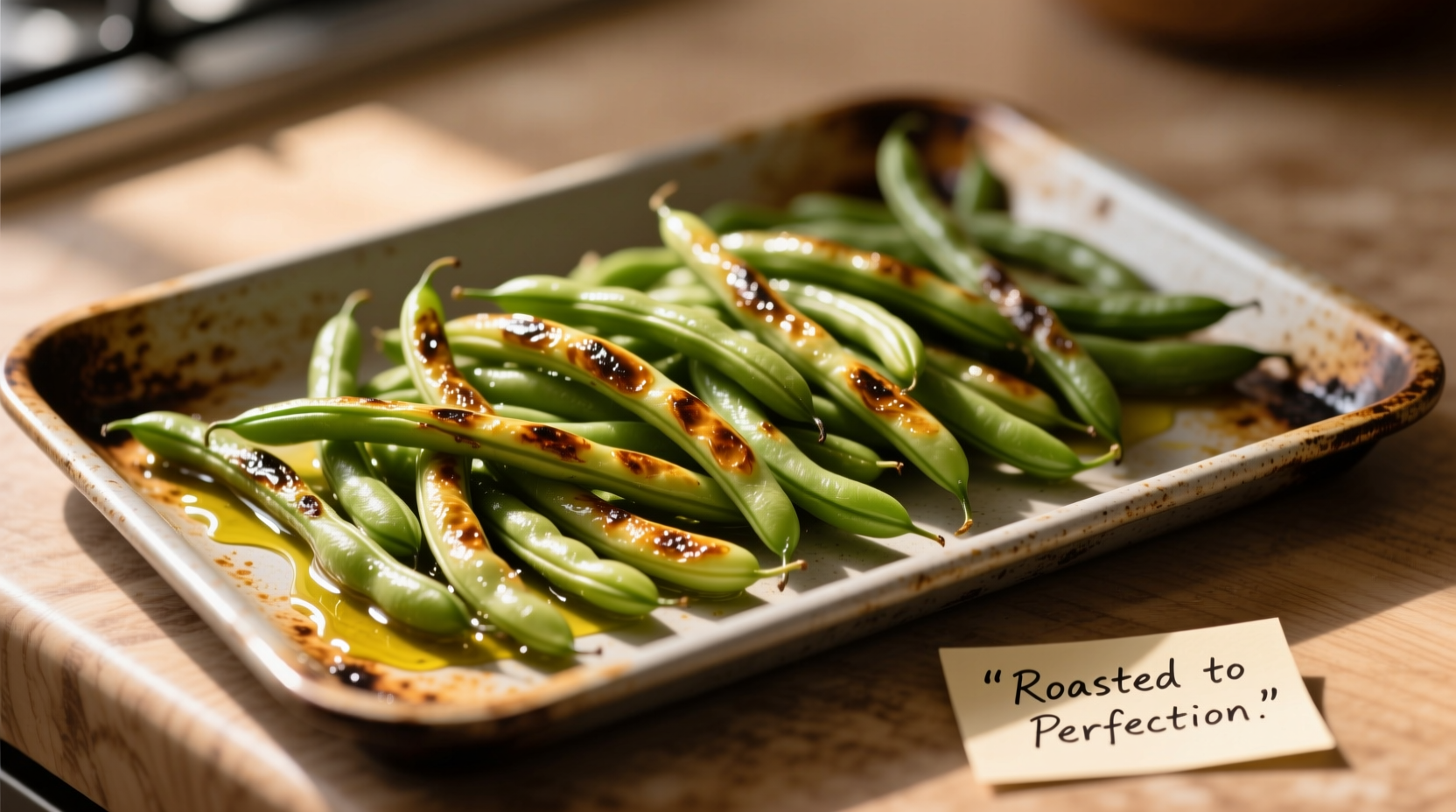 Perfectly roasted green beans on baking sheet