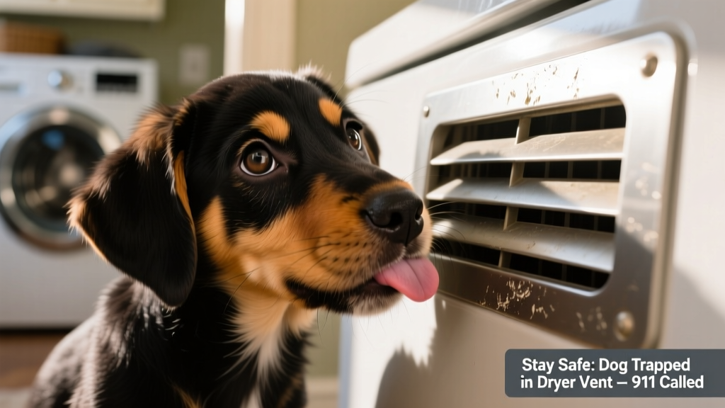 Close-up of a playful hound puppy sniffing a dryer vent cover, illustrating curiosity and safety awareness