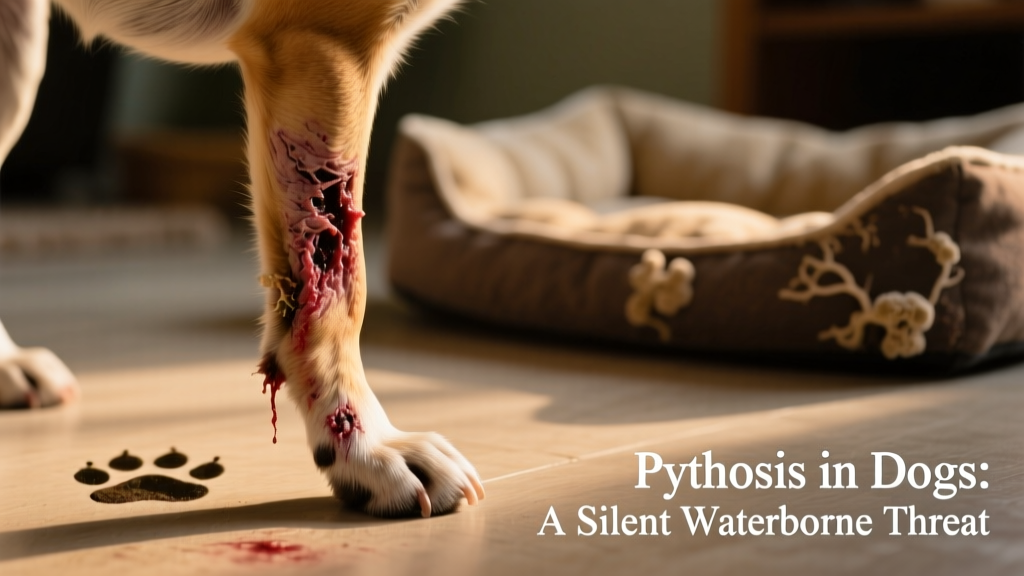 Close-up of a dog’s ulcerated skin lesion on the hind leg, showing draining, non-healing sores