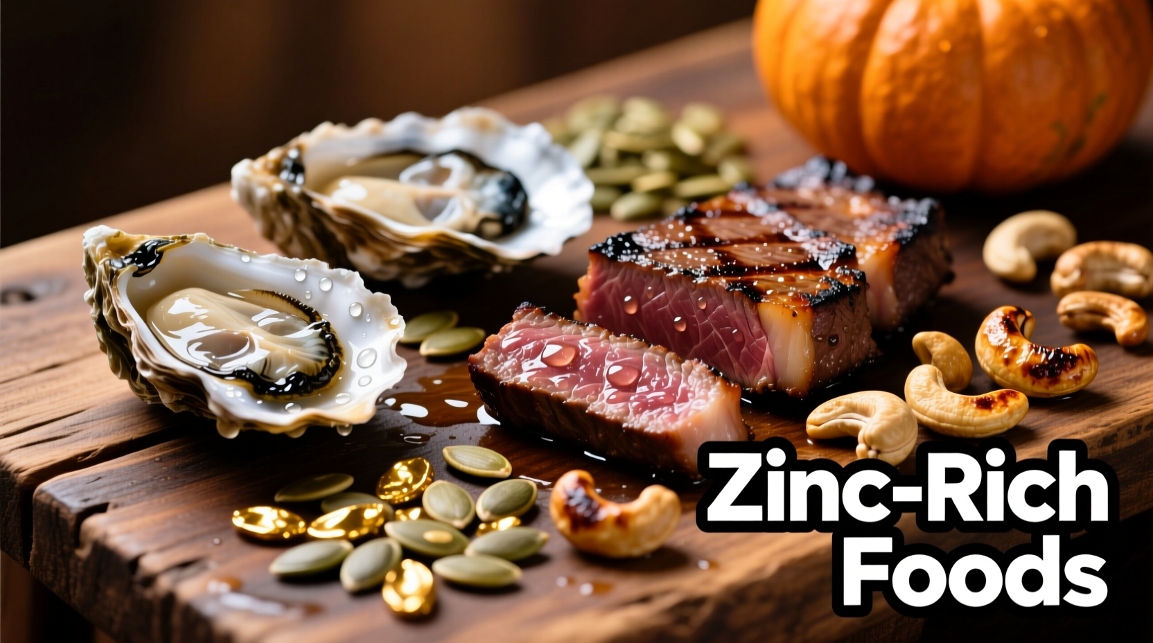 Colorful display of zinc-rich foods including oysters, beef, pumpkin seeds, and cashews