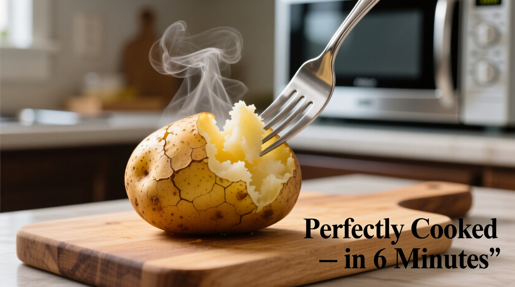 Perfectly cooked microwaved potato with fork