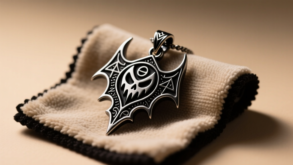 Zinc alloy Halloween Horror Nights pendant with black enamel resting on a microfiber cleaning cloth under warm light