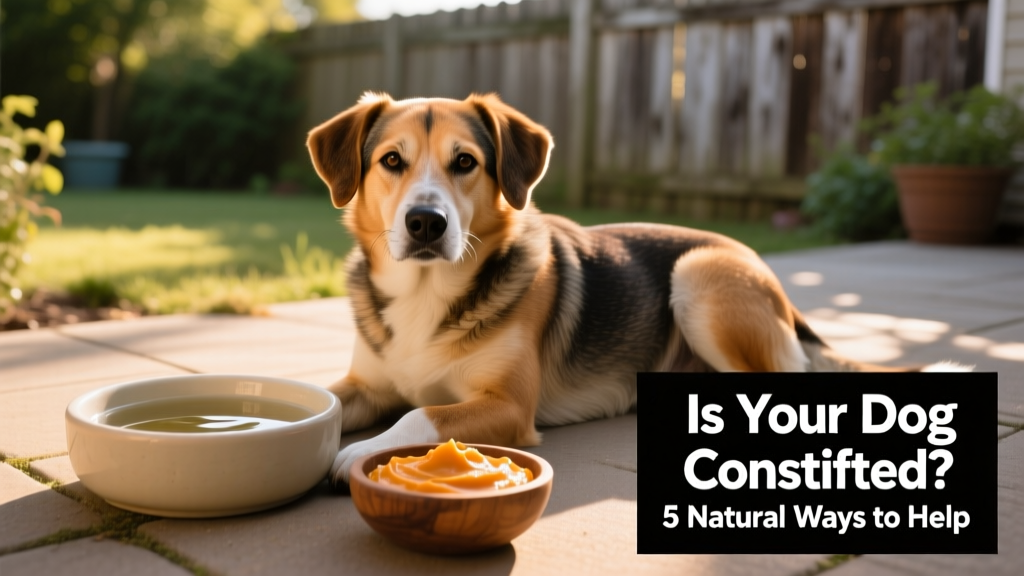 A relaxed dog resting beside a clean, shallow water bowl and a small bowl of plain pumpkin puree