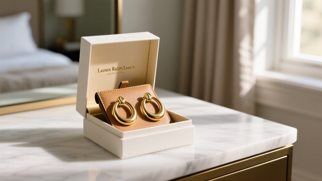 Open gift box on a marble vanity revealing gold-tone Lauren Ralph Lauren leather hoop earrings catching soft morning light