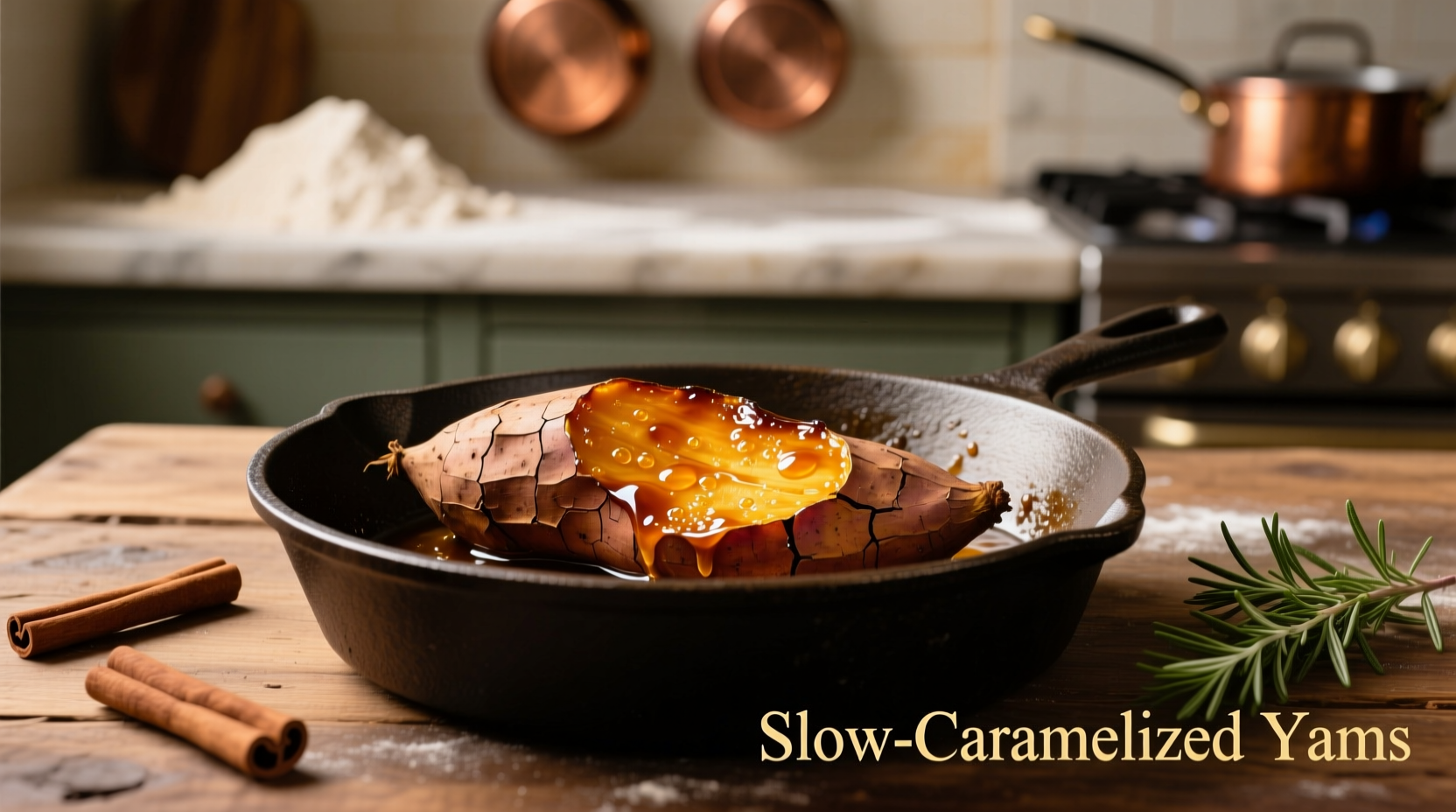 Golden brown yams caramelizing in cast iron skillet