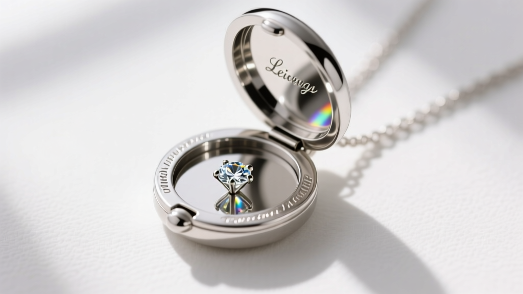 Macro shot of a polished platinum hidden message locket necklace, slightly open to reveal a tiny lab-grown diamond accent inside.