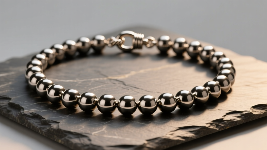 12mm steel giant ball chain necklace on slate, displaying reflective beads and a threaded barrel clasp under warm studio lighting