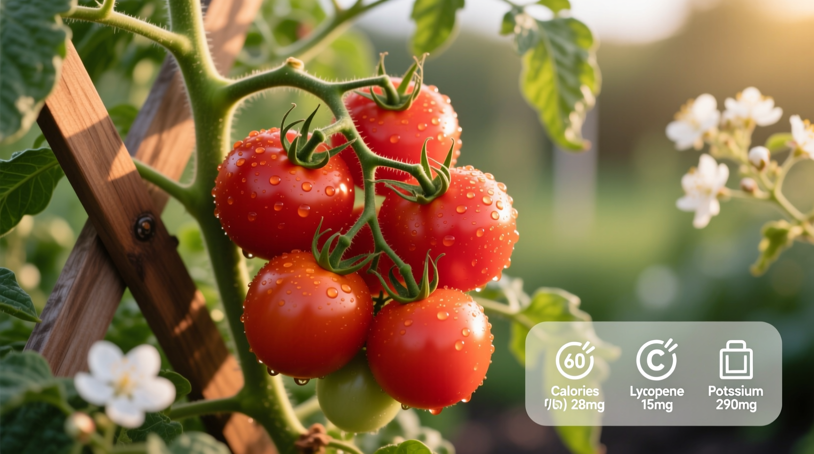 Fresh red tomatoes on vine with nutritional highlights