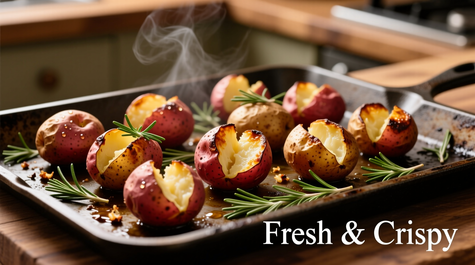 Golden roasted red potatoes with rosemary on baking sheet