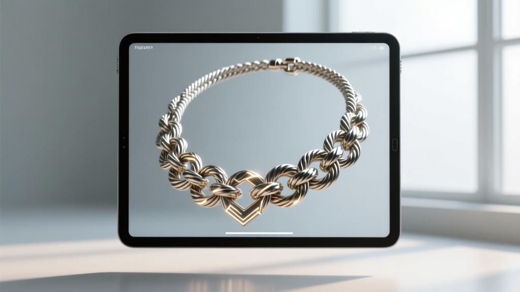 Digital tablet displaying a 3D CAD wireframe model of a woven rope chain necklace with metallic specular highlight mapping lines.