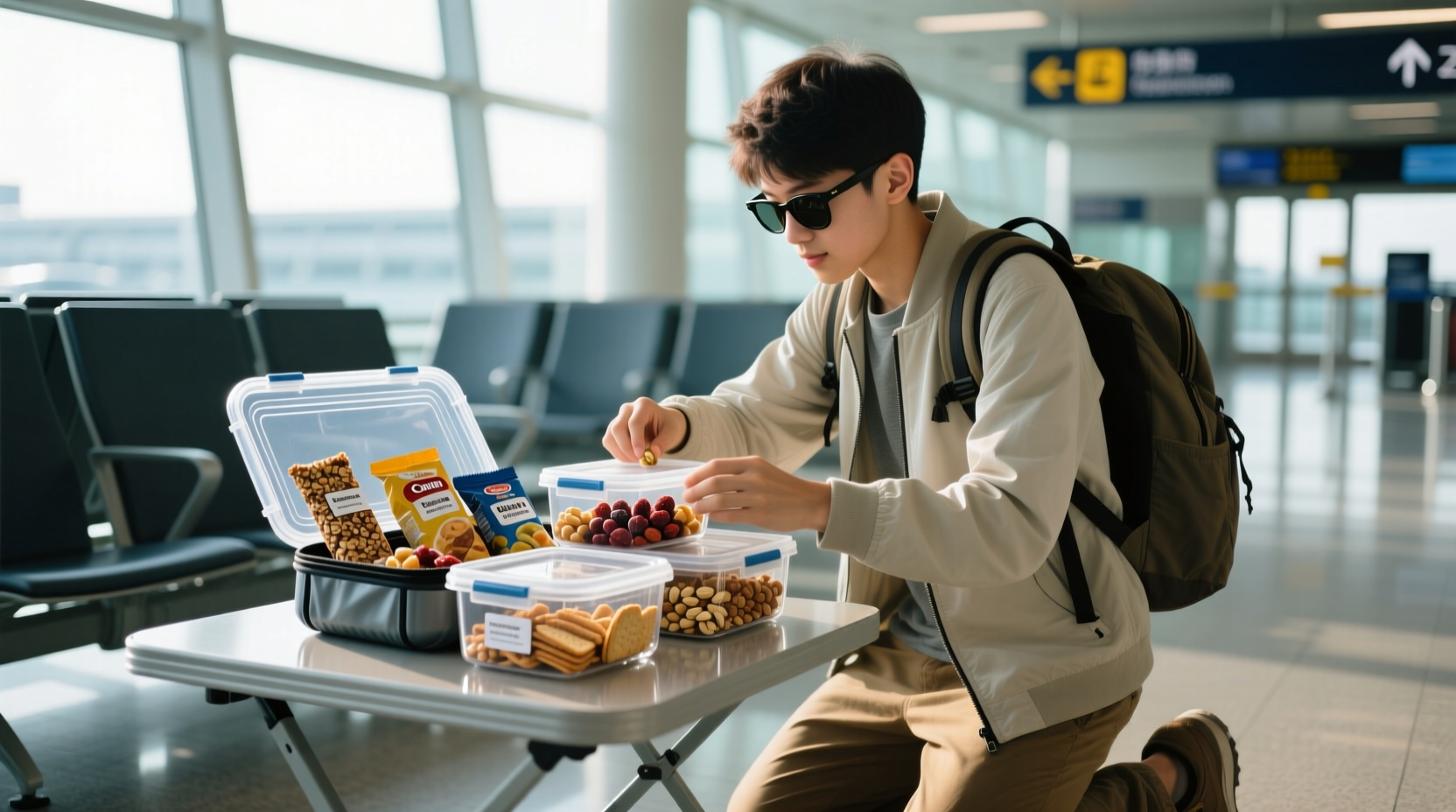 Traveler packing snacks in clear containers for airplane