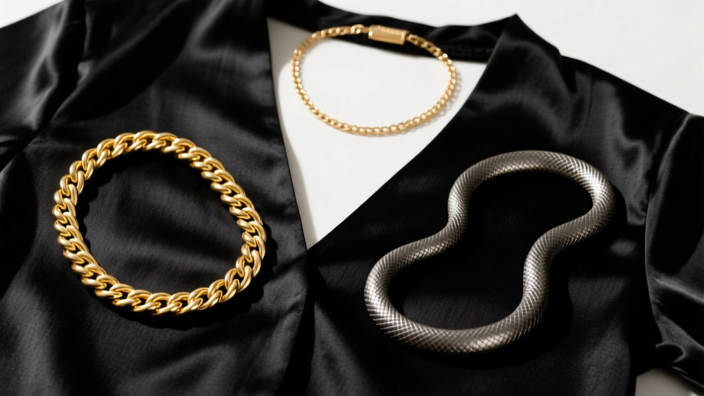 Flat lay of a 14k gold rope chain and matte titanium snake chain on a black silk V-neck blouse, shot from above with soft lighting