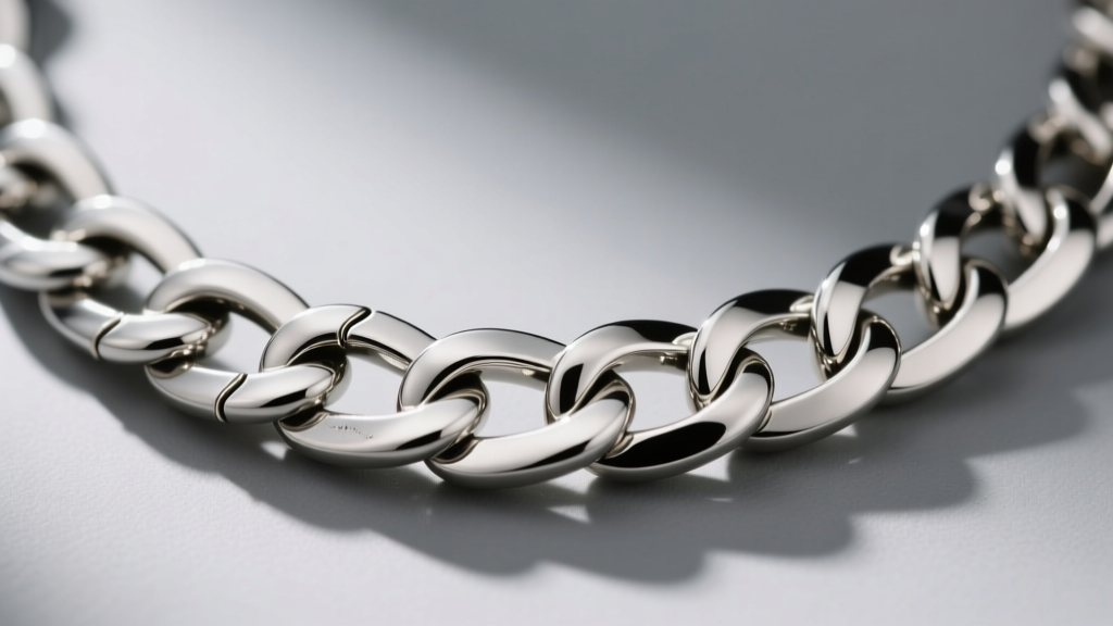 Close-up of an interlocking Signature C chain necklace in silver-tone metal, displaying the precise soldering points on each link.