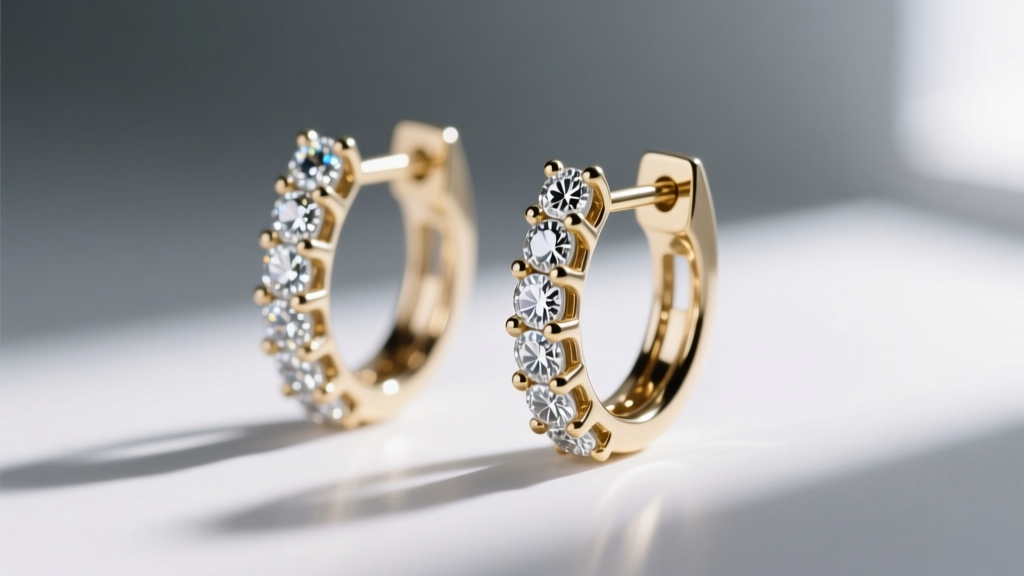 Extreme close-up of micro-pave diamonds set in 18k white gold prongs on an earring, highlighting the precise metal bead settings.