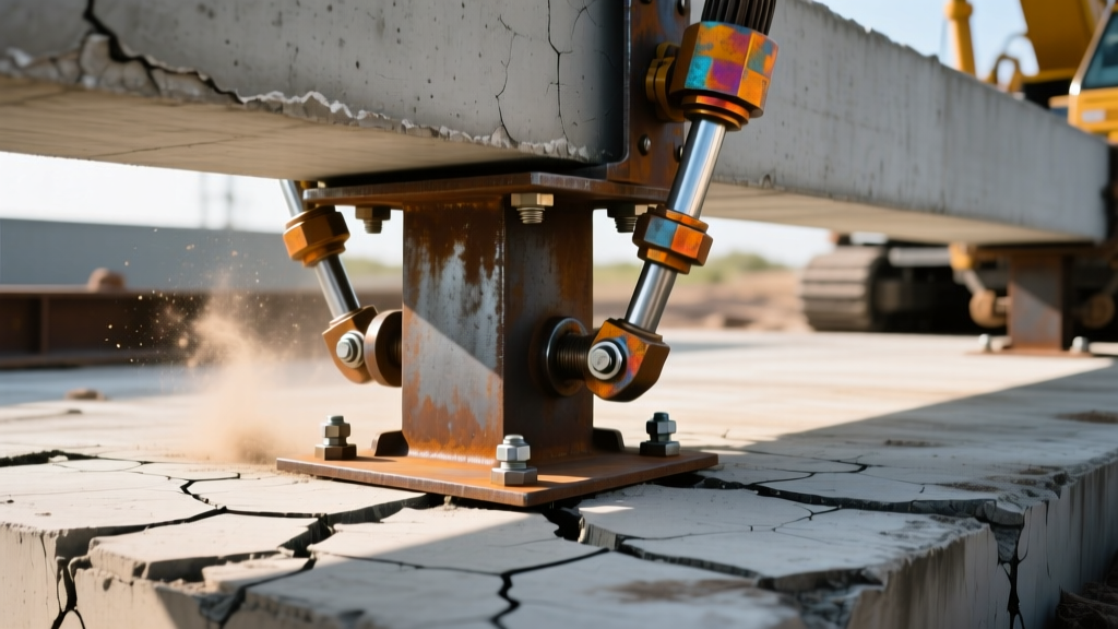 Close-up of steel push pier brackets bolted to a cracked Texas slab foundation, with hydraulic jacks lifting the concrete beam