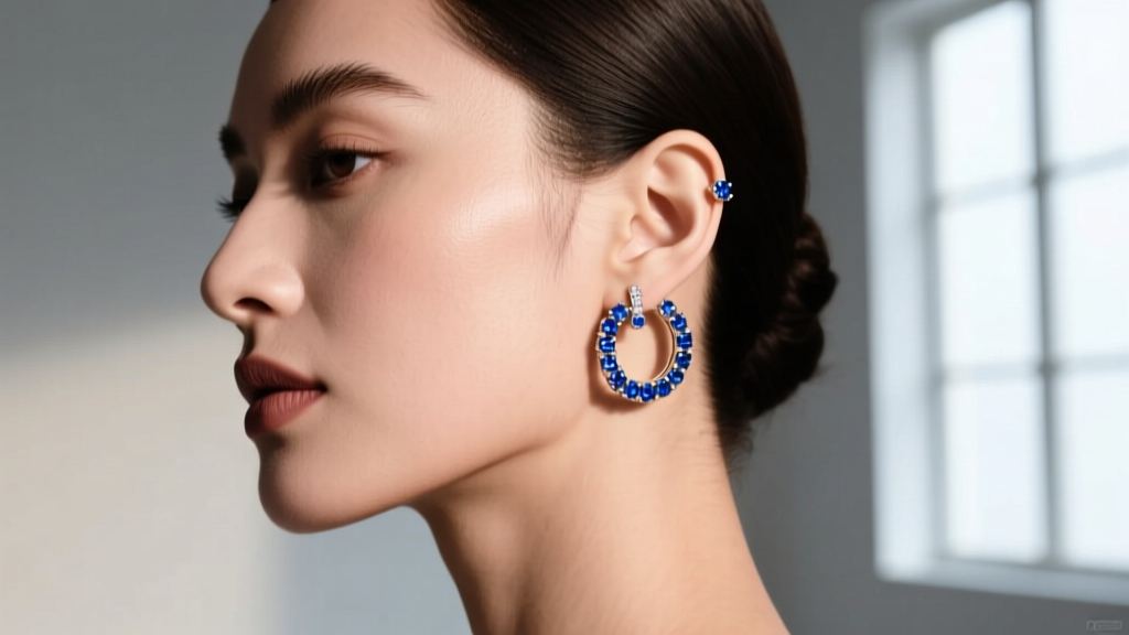 Side profile of a woman wearing a 30mm blue sapphire pavé hoop and a tiny sapphire huggie on the opposite ear in soft light