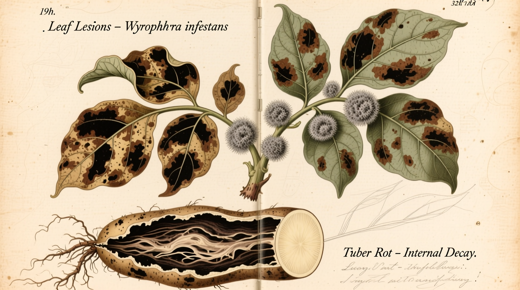 Historical illustration of potato blight symptoms on leaves and tubers